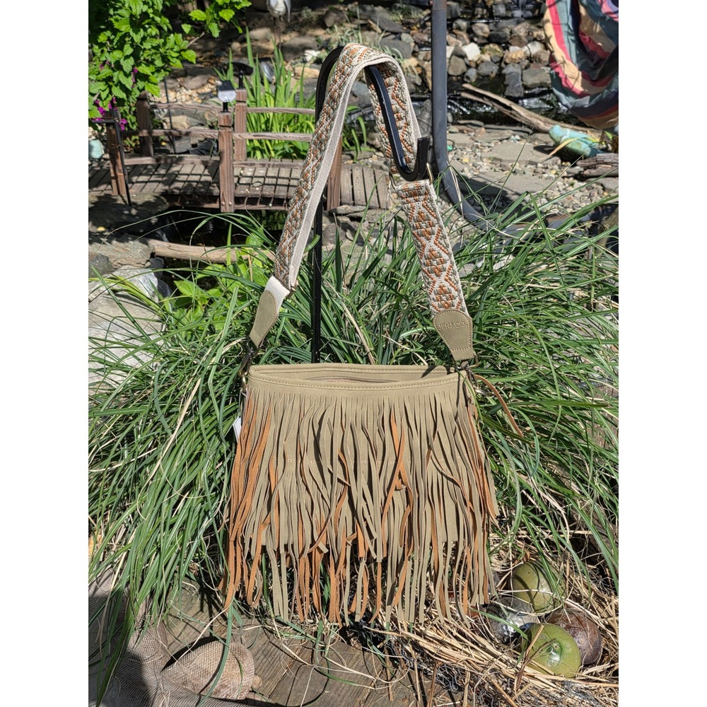 Jen & Co Fringe Crossbody Bag Olive Tan Boho Guitar Strap New with Tags